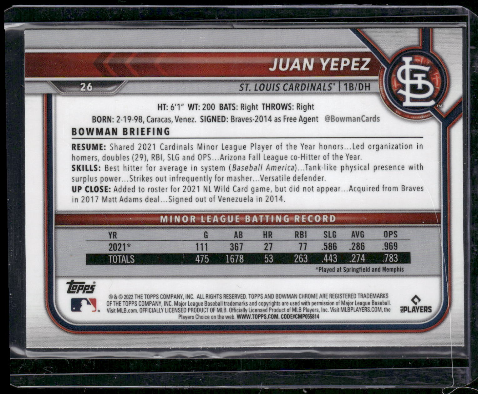 2022 Bowman Chrome #26 Juan Yepez