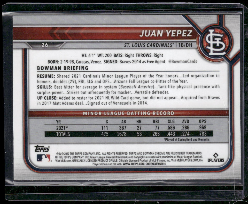 2022 Bowman Chrome #26 Juan Yepez
