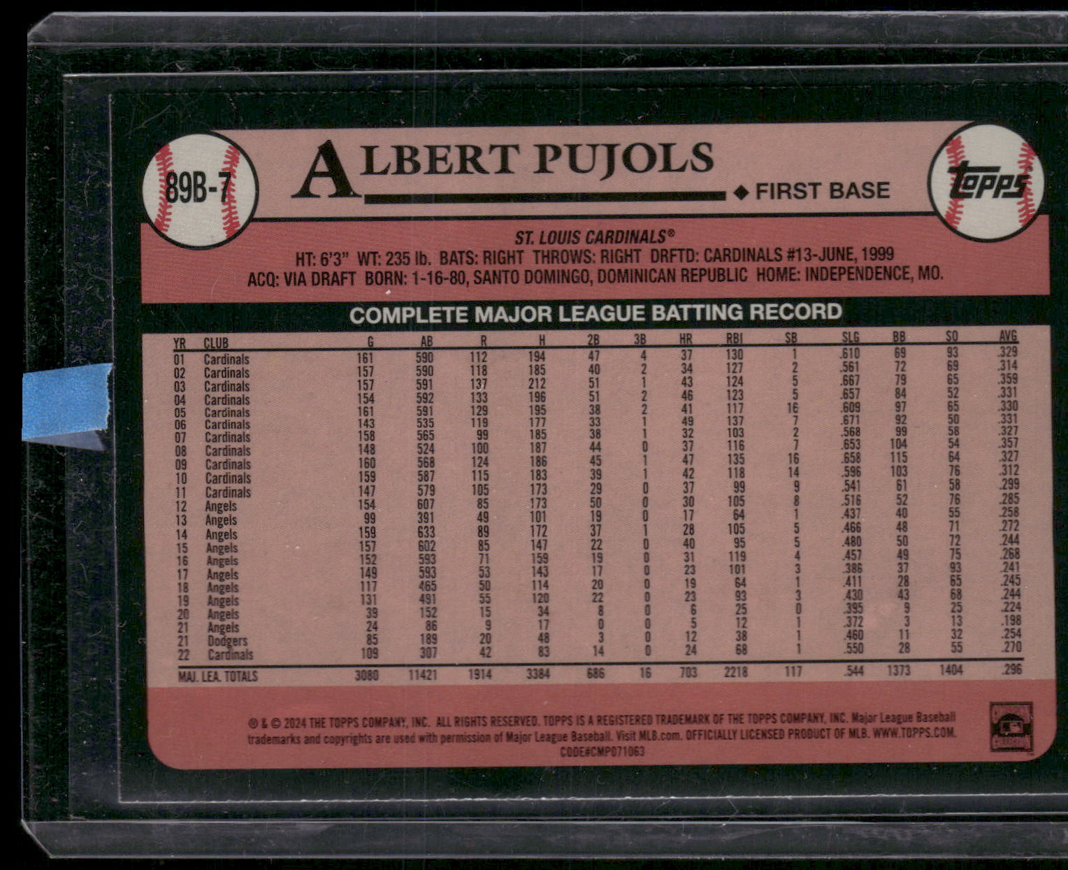 2024 Topps #89B-7 Albert Pujols 1989 Topps Baseball 35th Anniversary