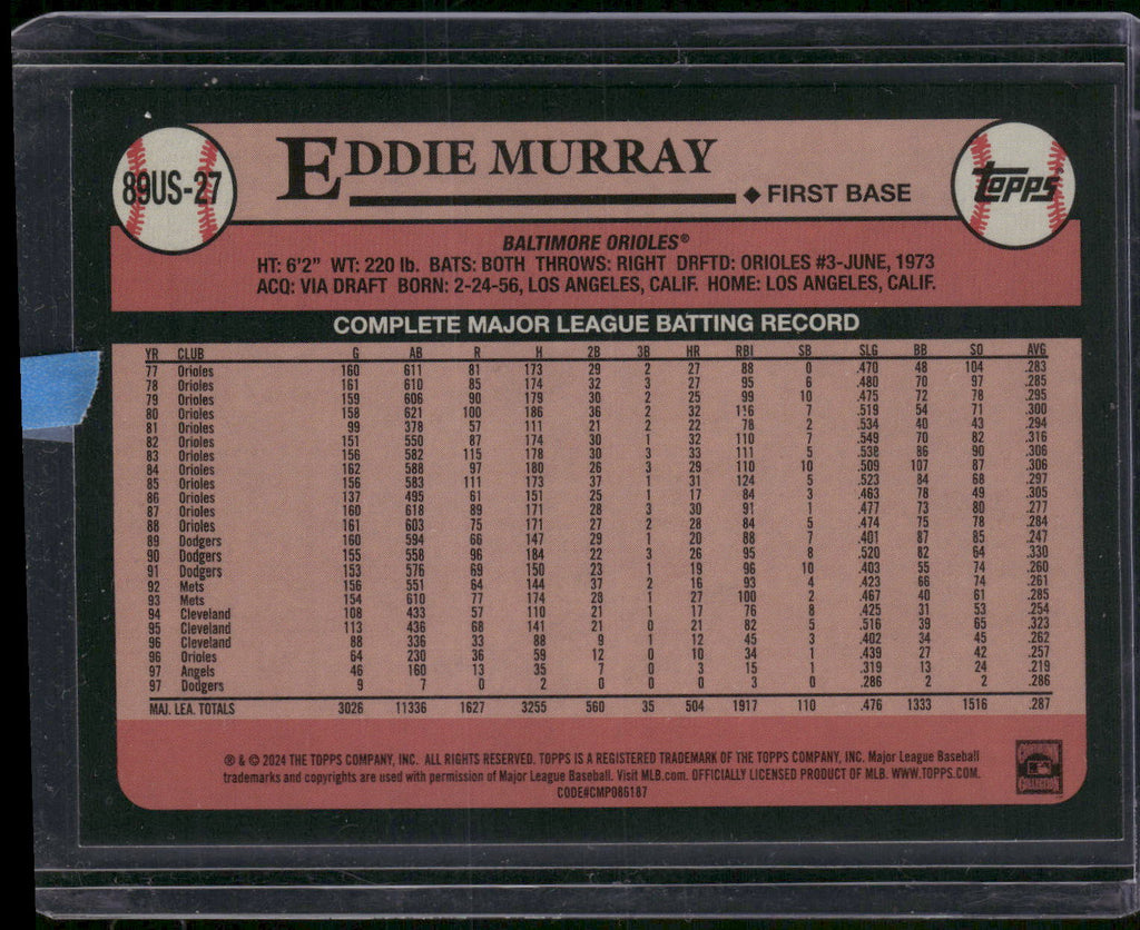 2024 Topps Update #89US-27 Eddie Murray 1989 Topps Baseball 35th Anniversary