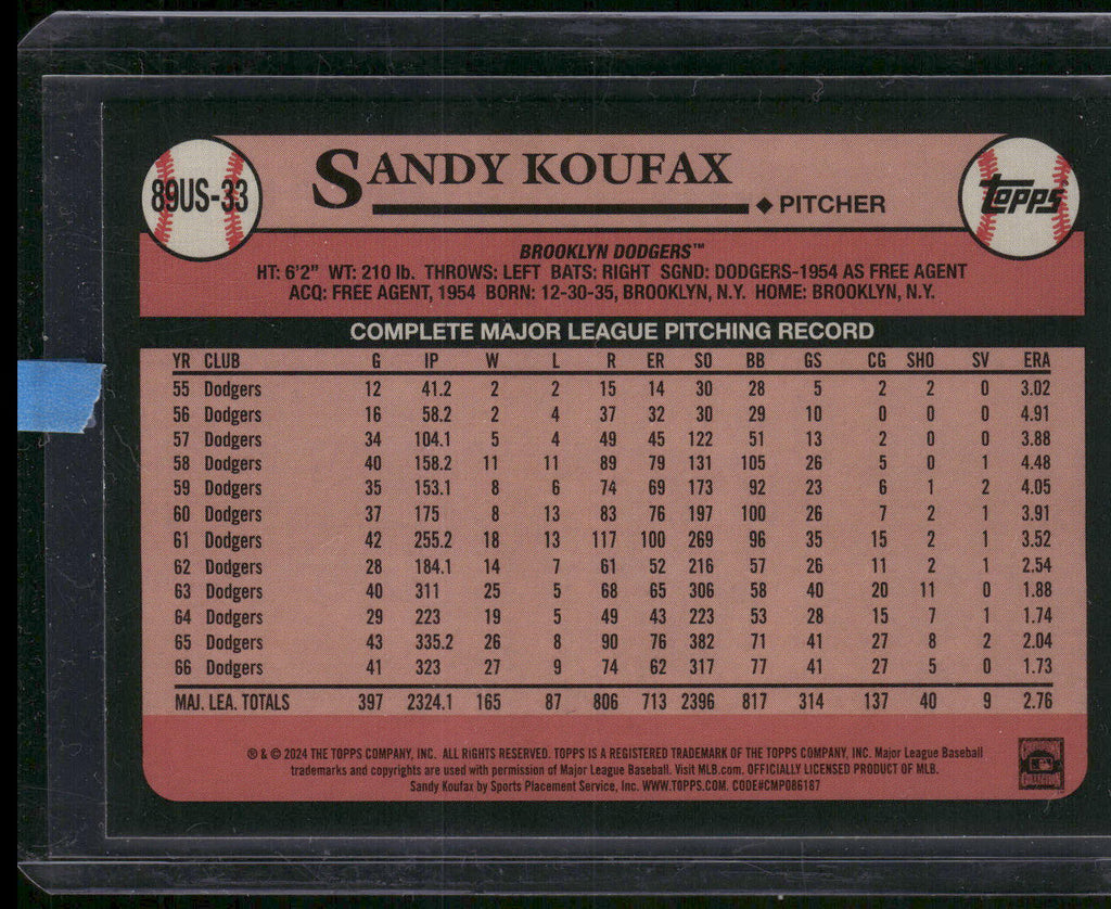 2024 Topps Update #89US-33 Sandy Koufax 1989 Topps Baseball 35th Anniversary