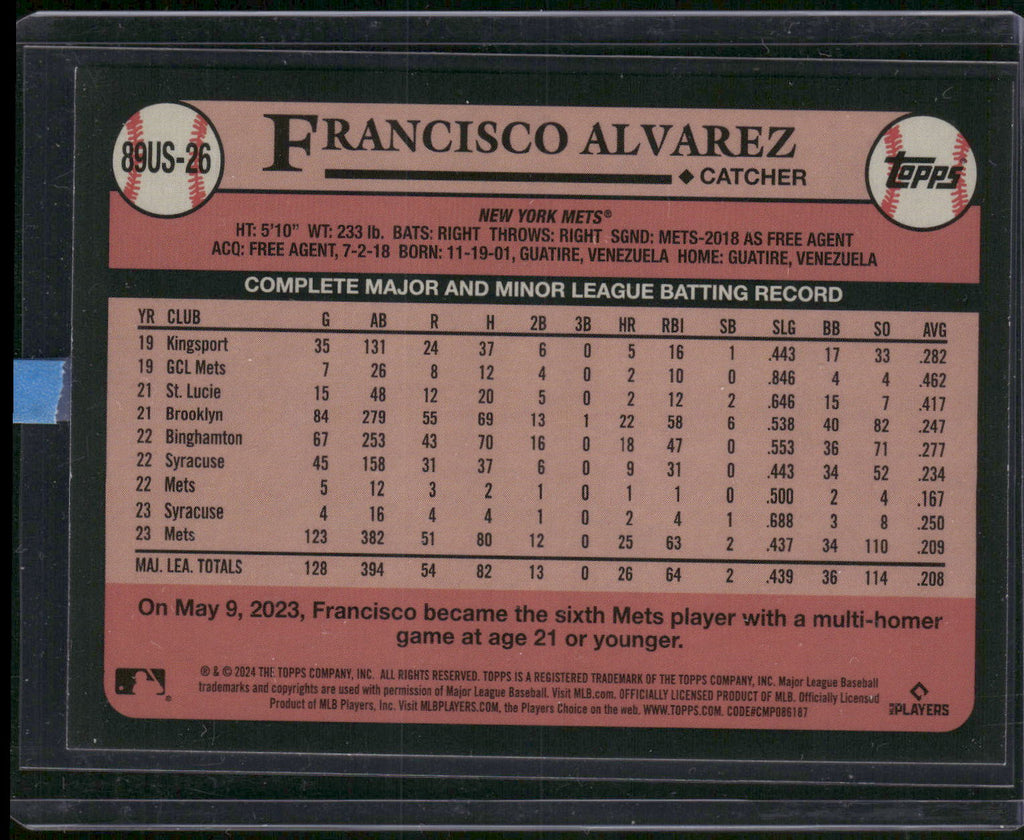 2024 Topps Update #89US-26 Francisco Alvarez 1989 Topps Baseball 35th Blue