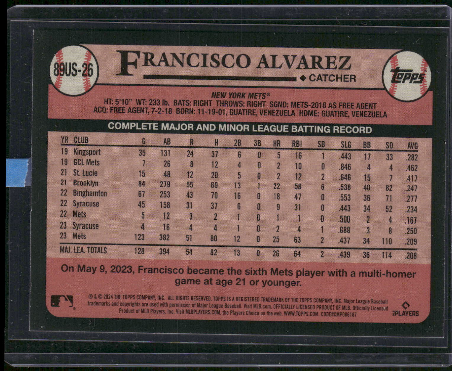 2024 Topps Update #89US-26 Francisco Alvarez 1989 Topps Baseball 35th Blue
