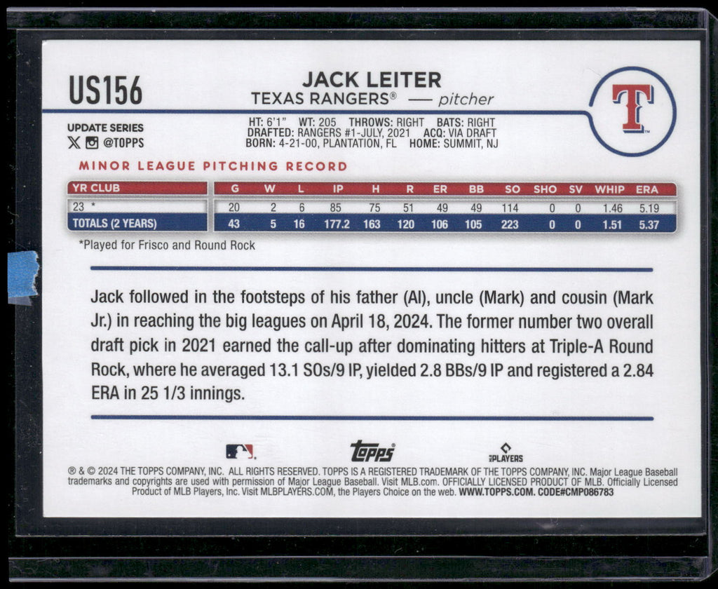 2024 Topps Update #US156 Jack Leiter Holiday