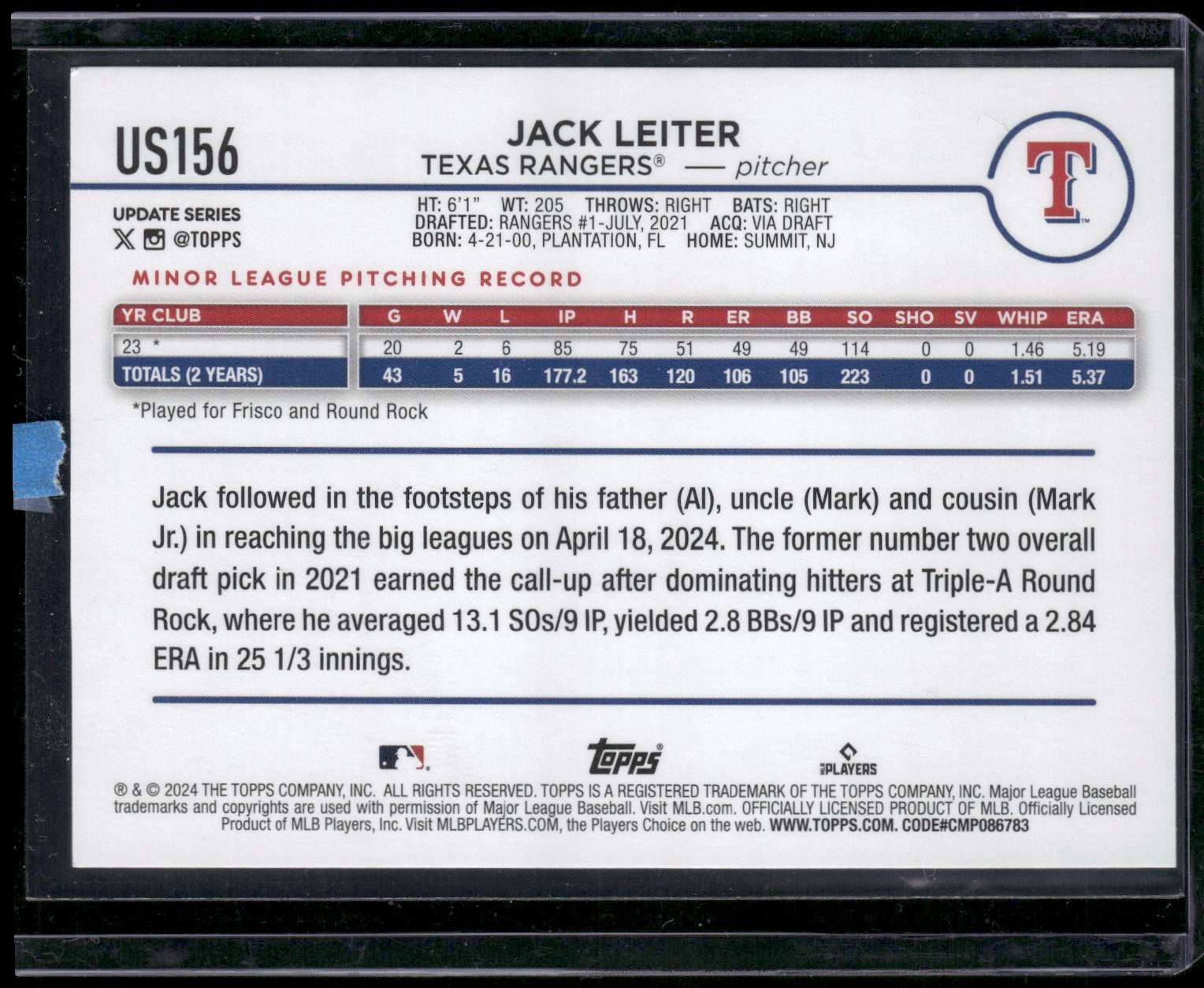 2024 Topps Update #US156 Jack Leiter Holiday