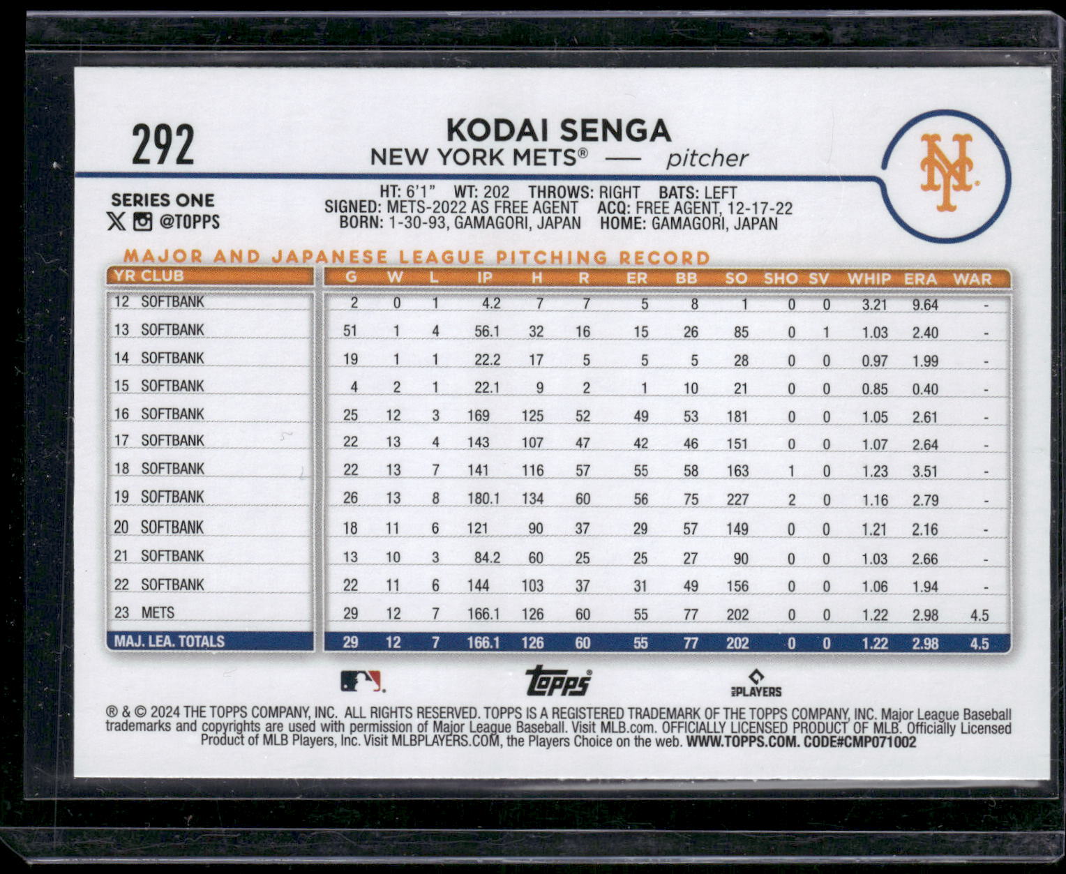 2024 Topps #292 Kodai Senga