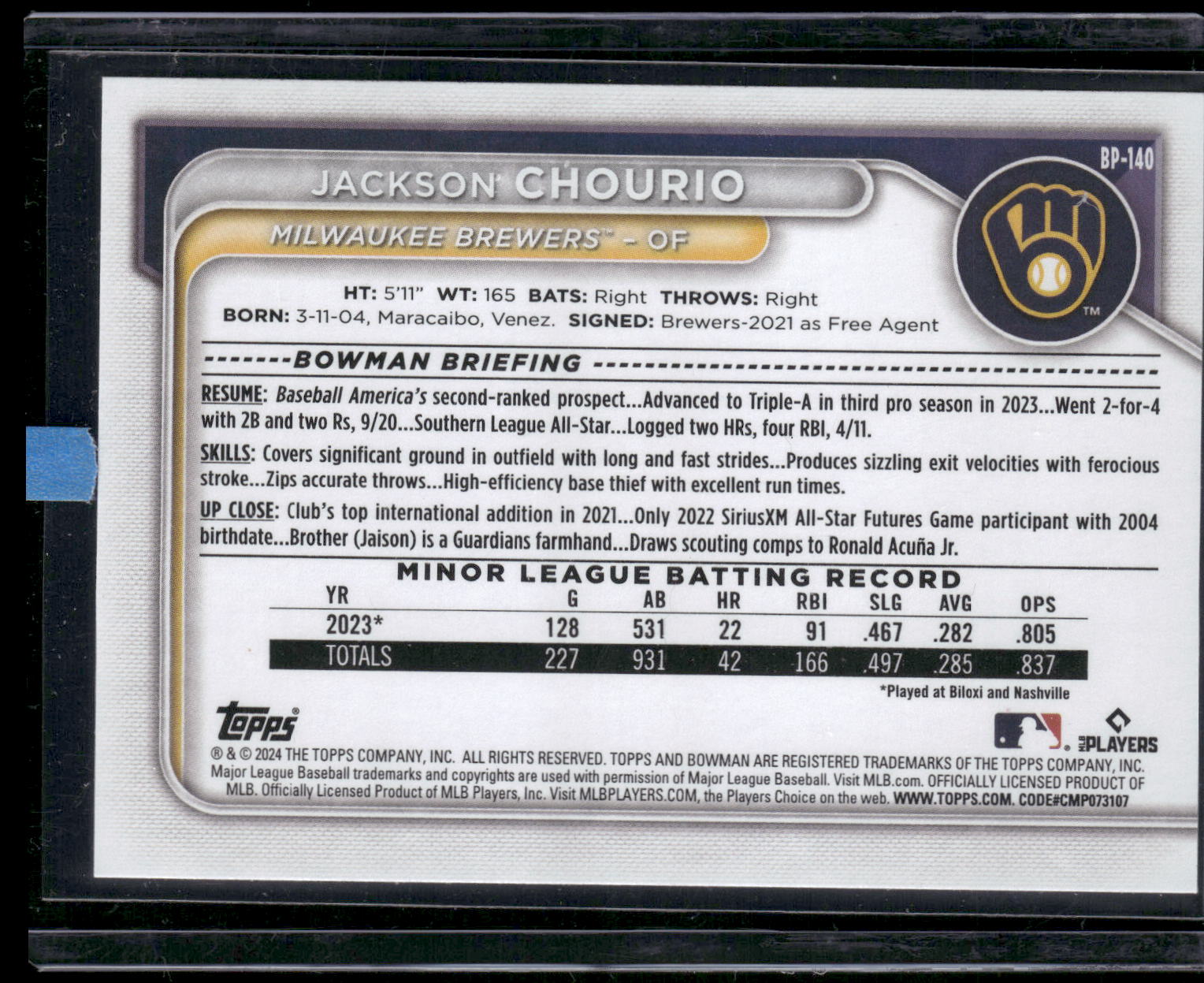 2024 Bowman #BP-140 Jackson Chourio Prospects