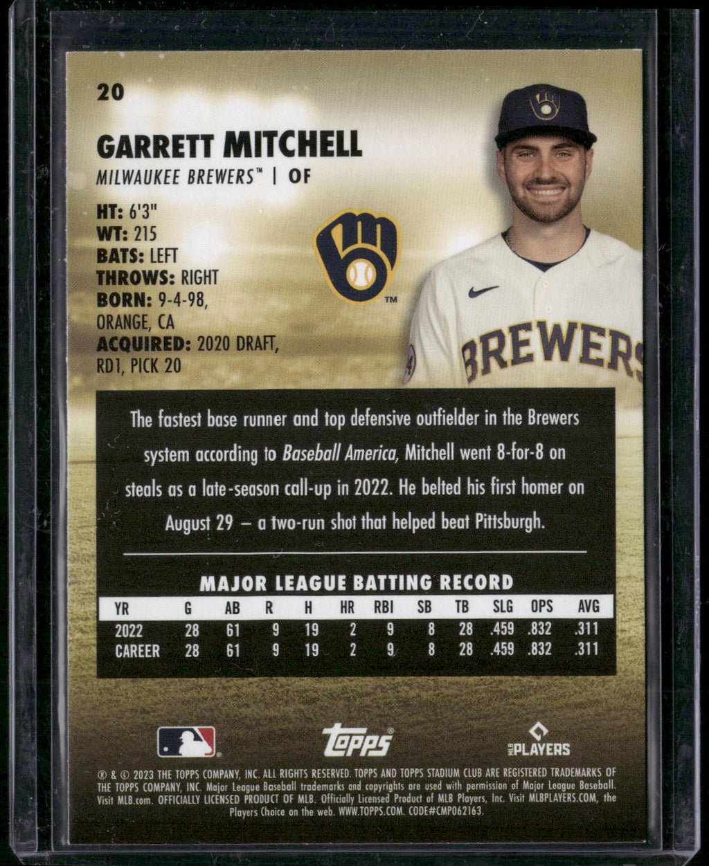 2023 Stadium Club #20b Garrett Mitchell
