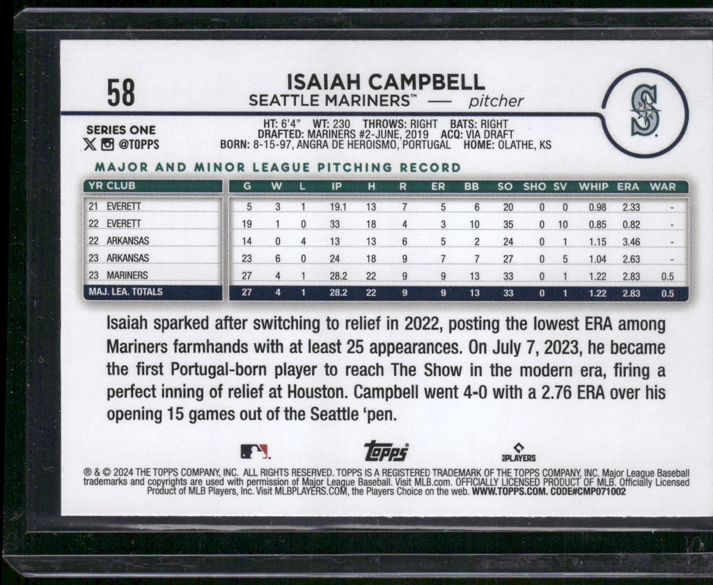 2024 Topps #58 Isaiah Campbell Yellow