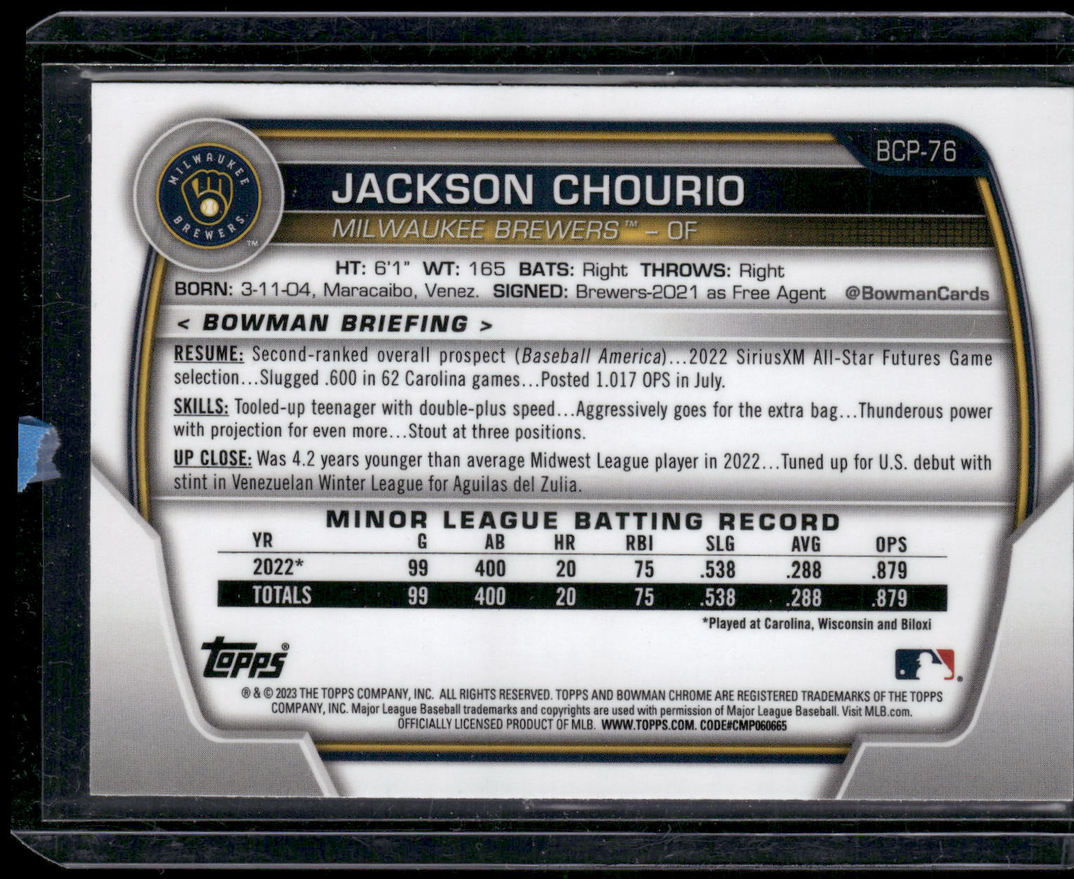 2023 Bowman #BCP-76 Jackson Chourio Chrome Prospects