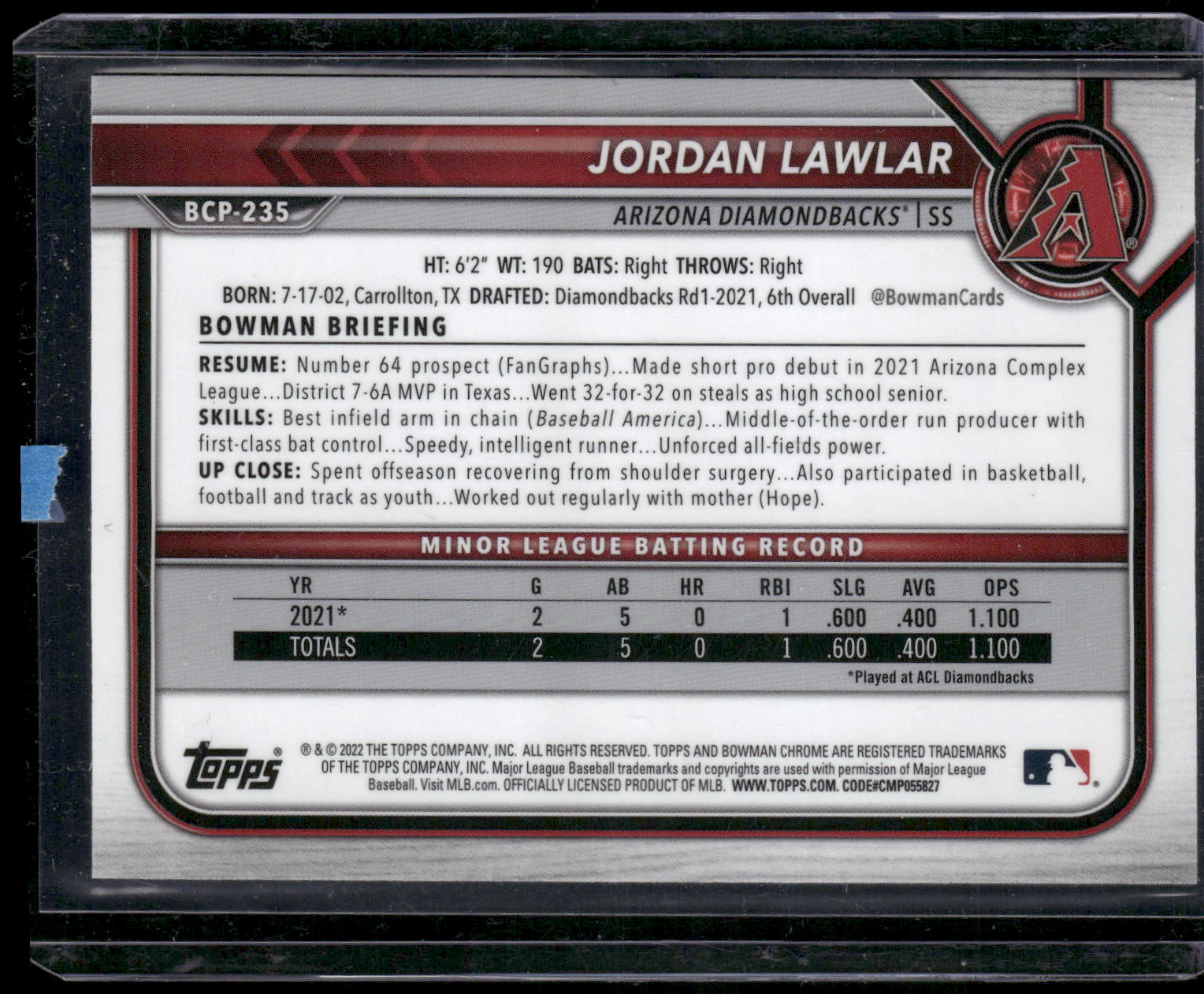 2022 Bowman Chrome #BCP-235 Jordan Lawlar Prospects