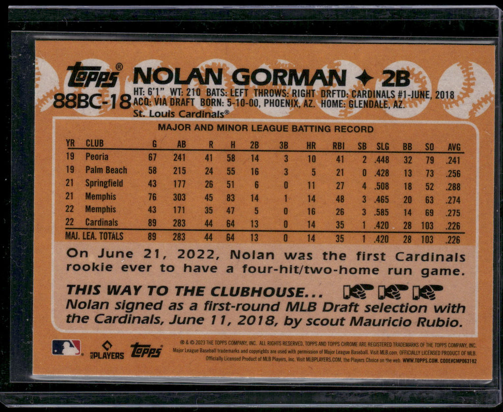 2023 Topps Chrome #88BC-18 Nolan Gorman 1988 Topps Baseball 35th Anniversary