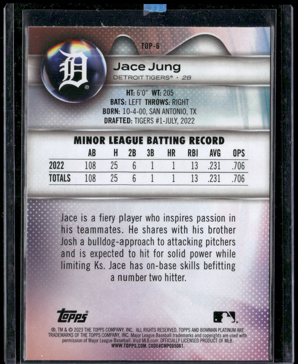 2023 Bowman Platinum #TOP-6 Jace Jung Top Prospects
