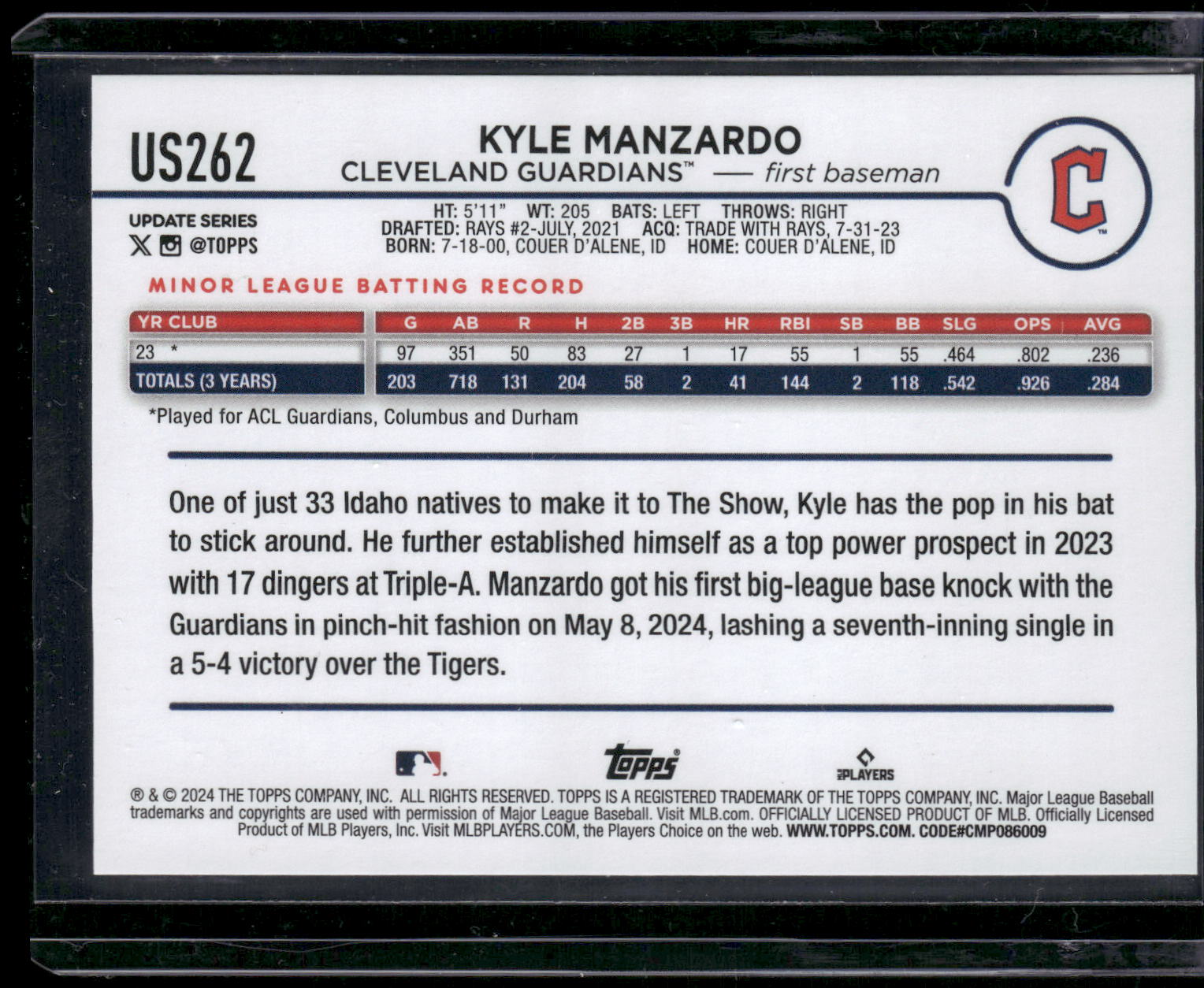 2024 Topps Update #US262 Kyle Manzardo Royal Blue