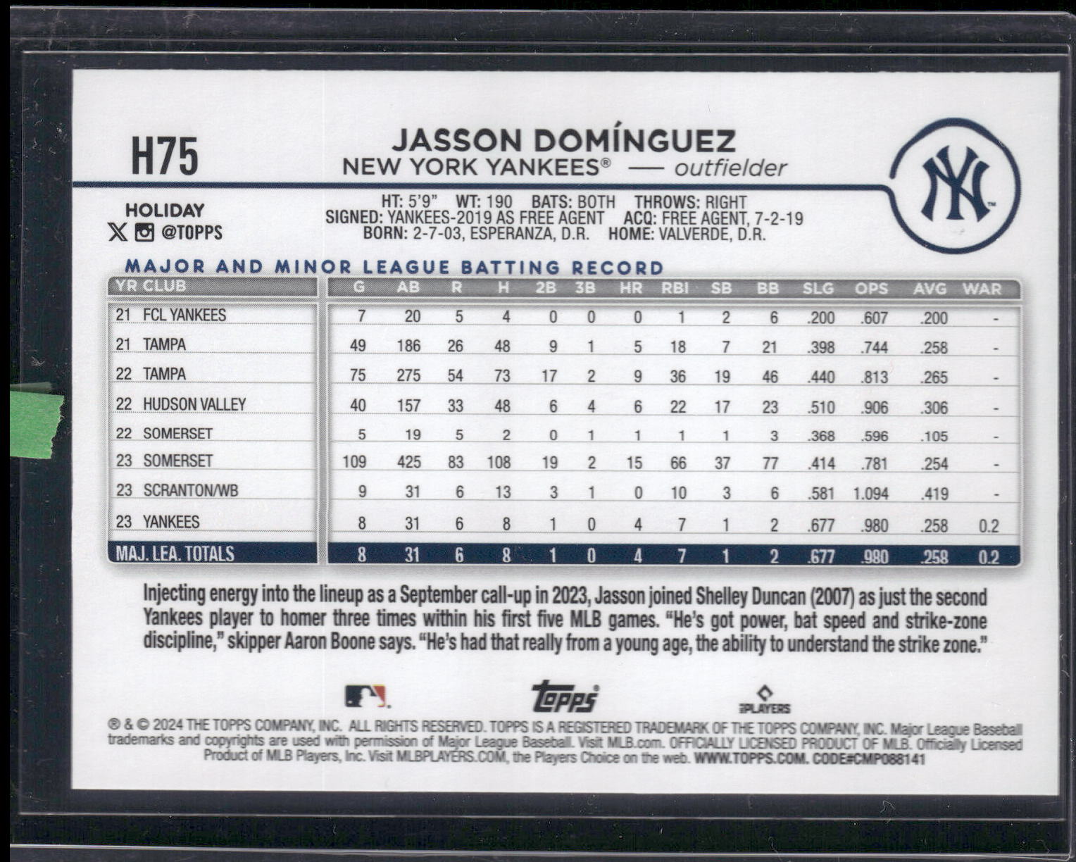 2024 Topps Holiday #H75 Jasson Domínguez