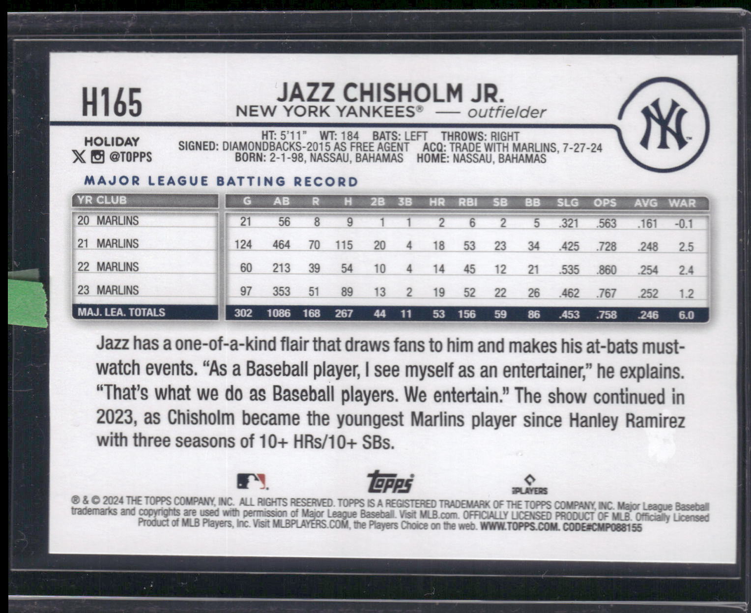 2024 Topps Holiday #H165b Jazz Chisholm Jr.