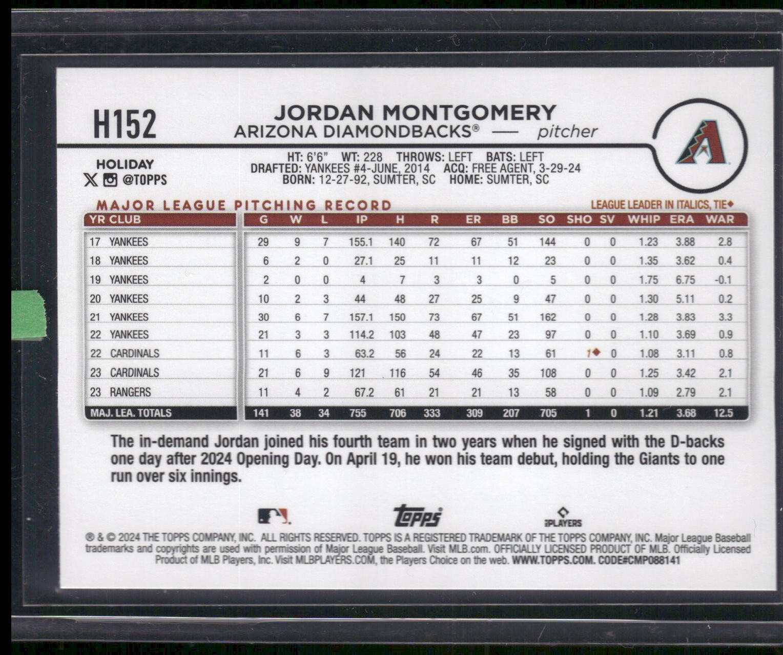 2024 Topps Holiday #H152 Jordan Montgomery Holiday Tree