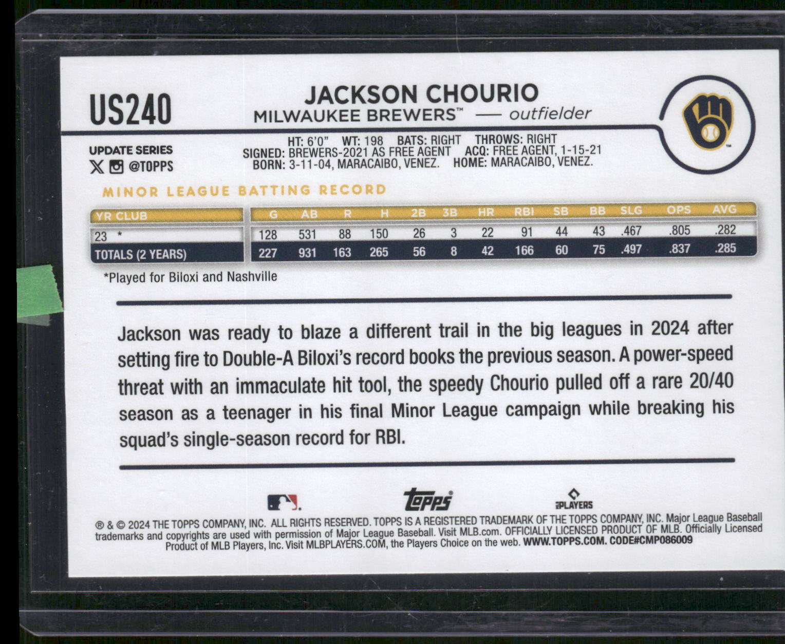 2024 Topps Update #US240 Jackson Chourio
