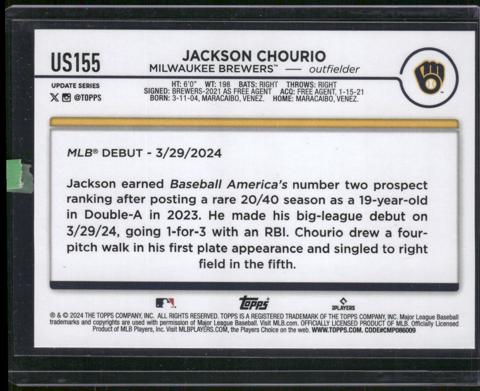 2024 Topps Update #US155 Jackson Chourio