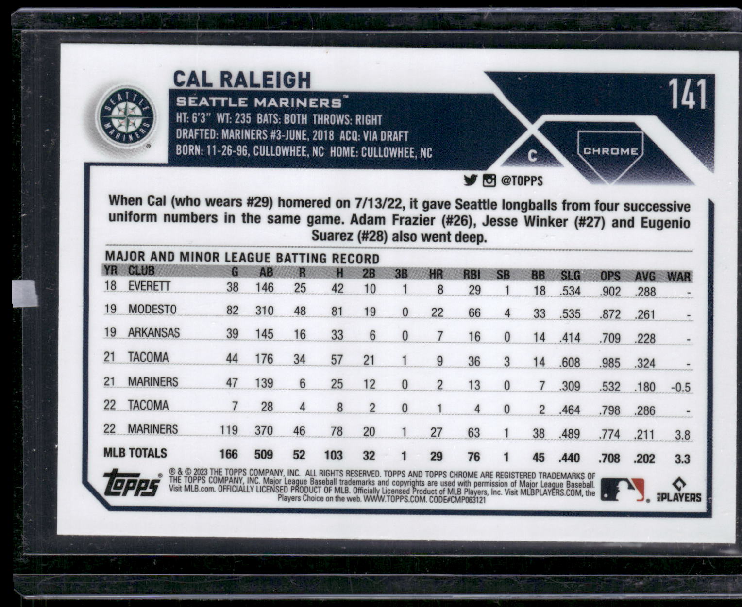 2023 Topps Chrome #141 Cal Raleigh Pink Refractors