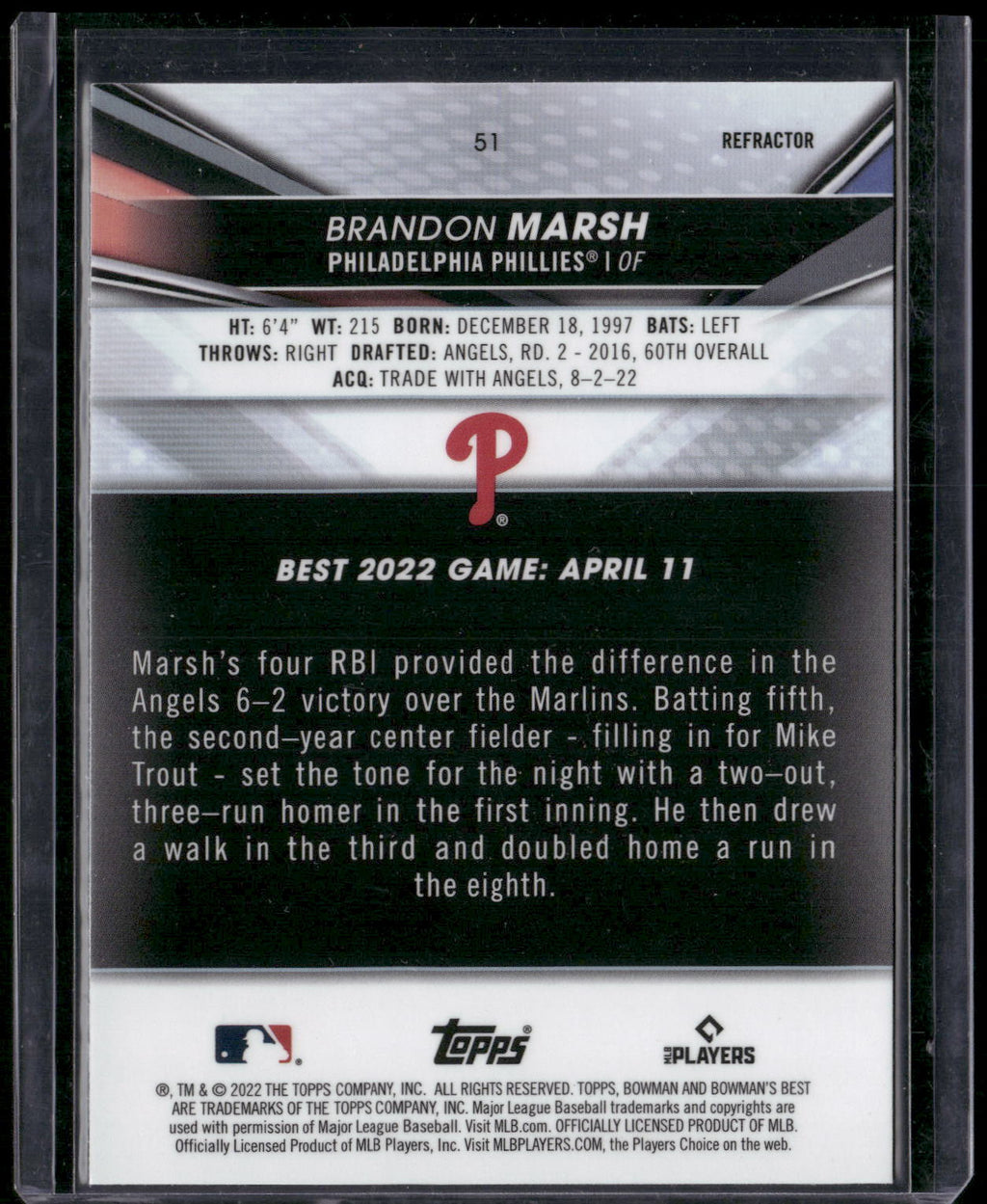 2022 Bowman's Best #51 Brandon Marsh Refractor
