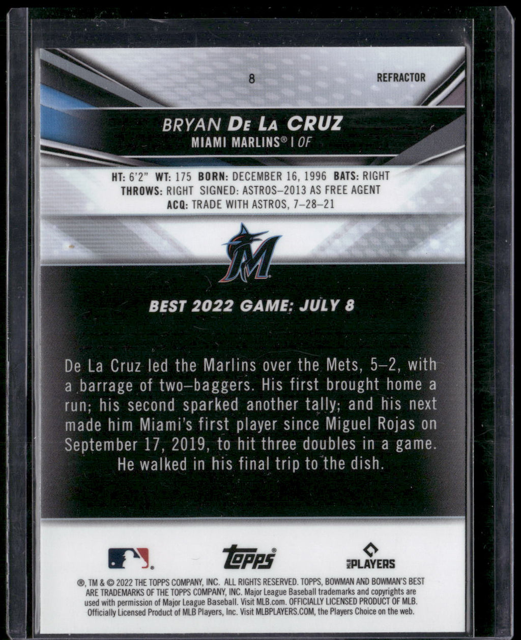 2022 Bowman's Best #8 Bryan De La Cruz Refractor