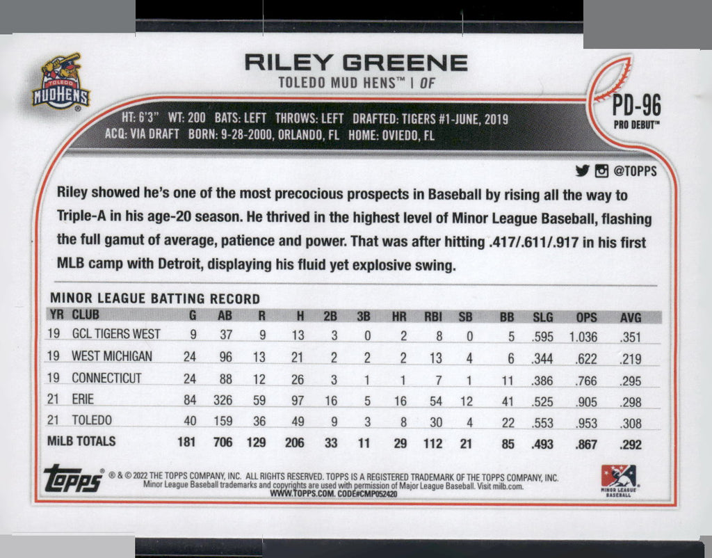2022 Topps Pro Debut #PD-96 Riley Greene