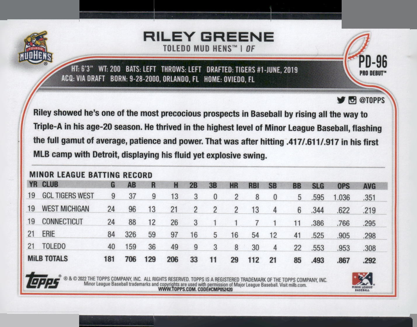 2022 Topps Pro Debut #PD-96 Riley Greene