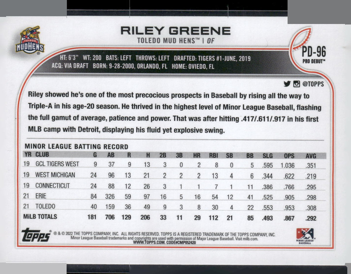 2022 Topps Pro Debut #PD-96 Riley Greene