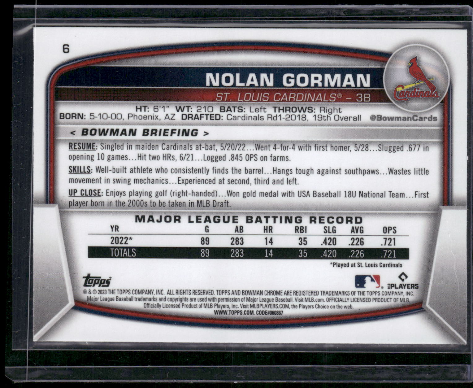 2023 Bowman #6 Nolan Gorman Mojo Refractors