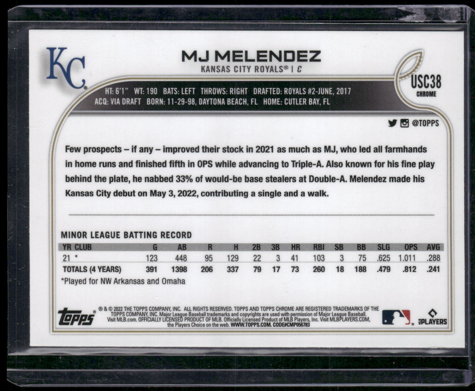 2022 Topps Chrome Update #USC38 MJ Melendez Purple Refractor