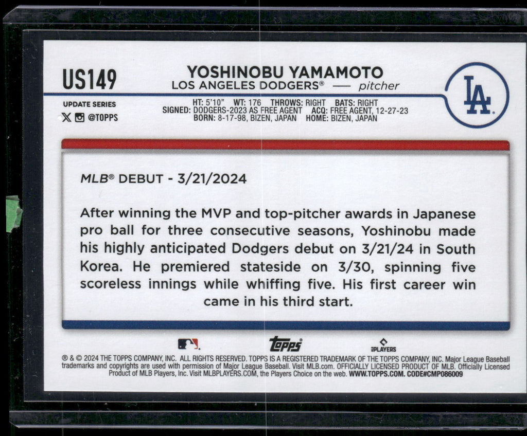 2024 Topps Update #US149 Yoshinobu Yamamoto
