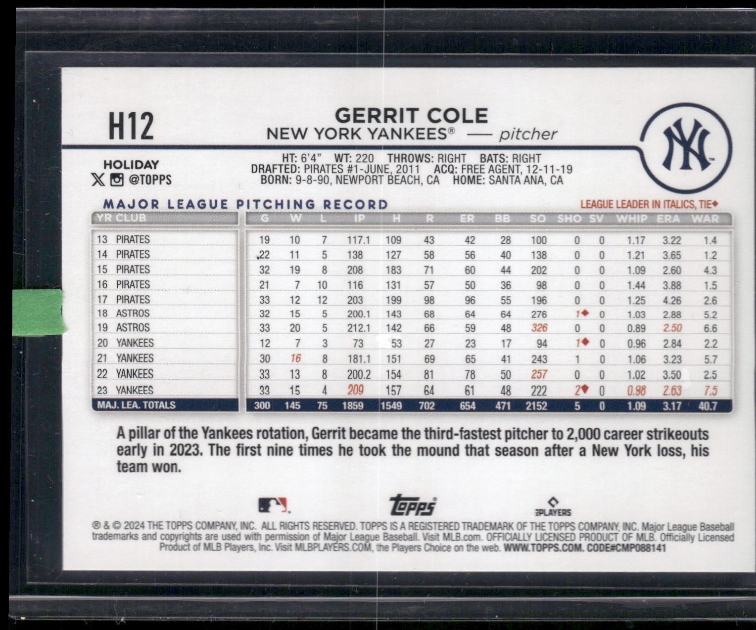 2024 Topps Holiday #H12 Gerrit Cole Blue Metallic Glitter