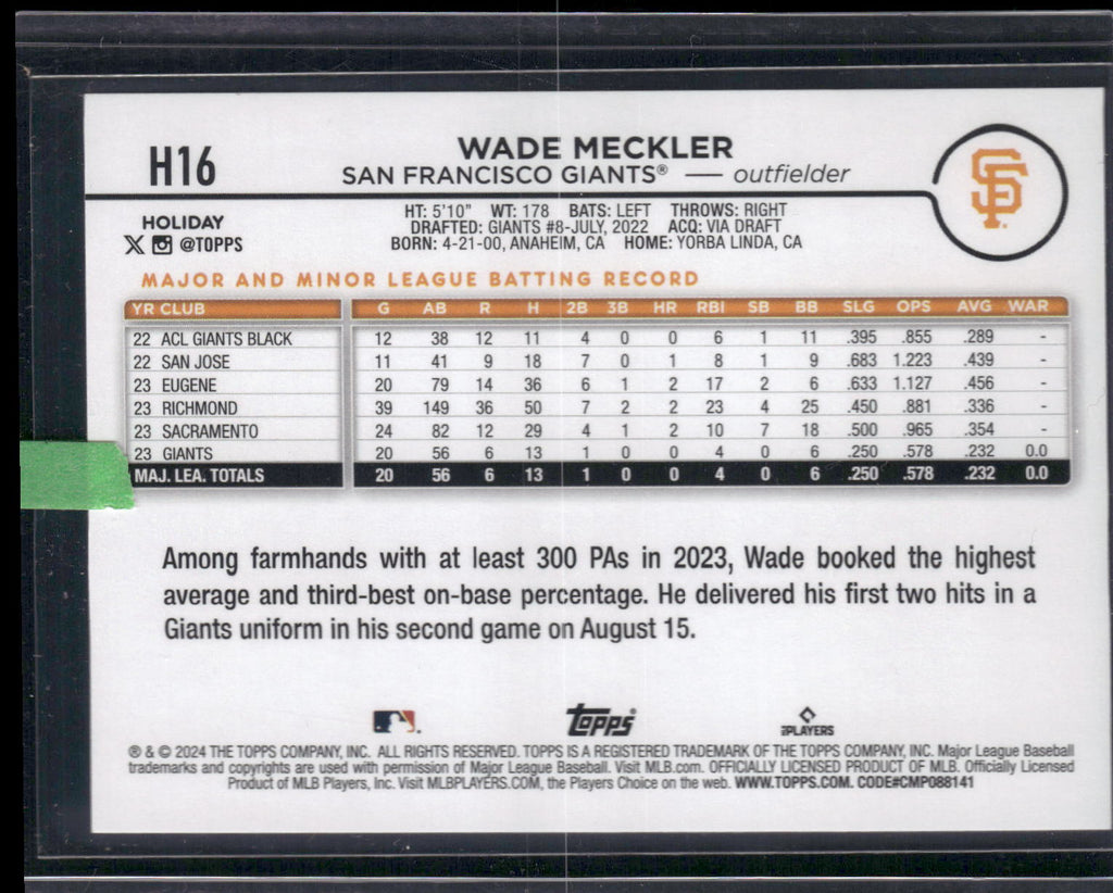 2024 Topps Holiday #H16 Wade Meckler Silver Glitter