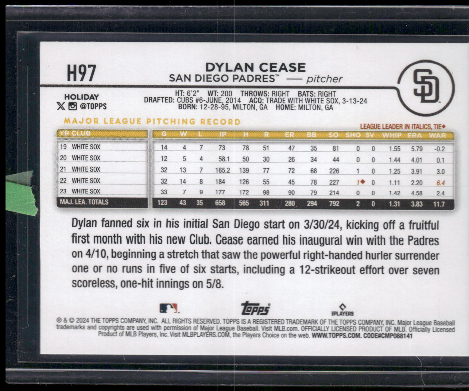 2024 Topps Holiday #H97 Dylan Cease Silver Glitter