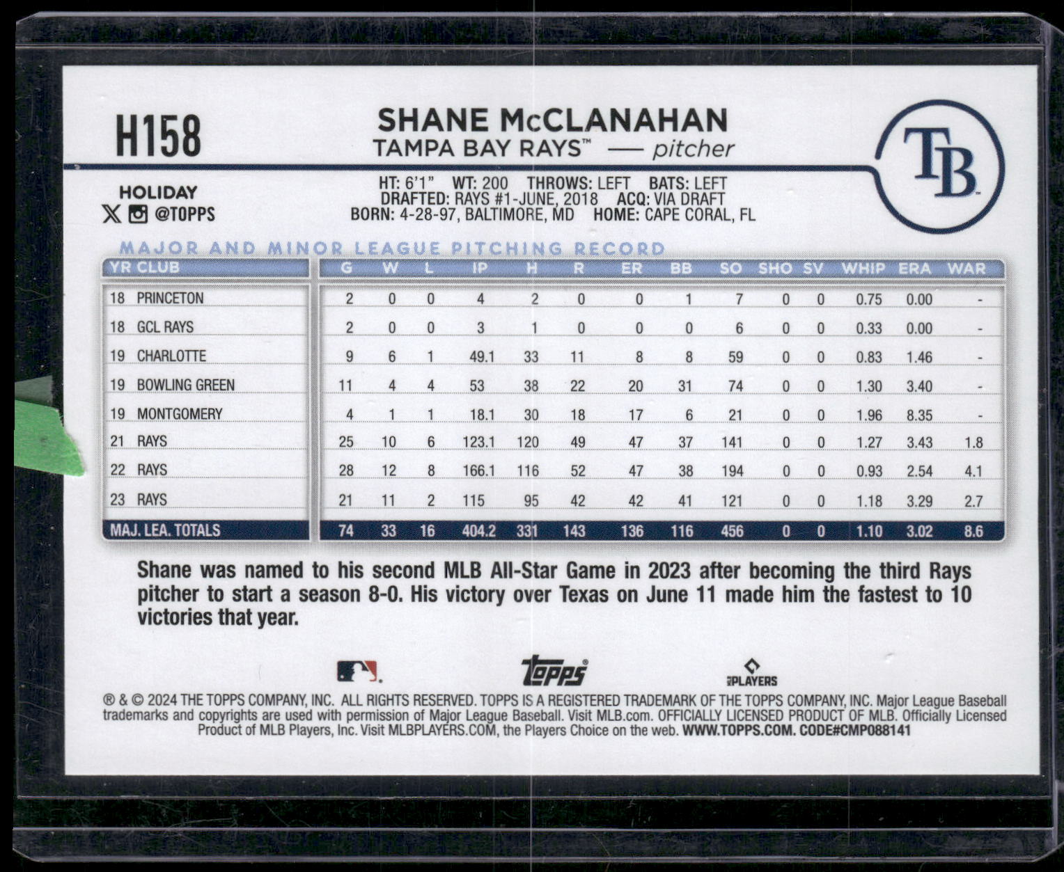 2024 Topps Holiday #H158 Shane McClanahan Silver Glitter