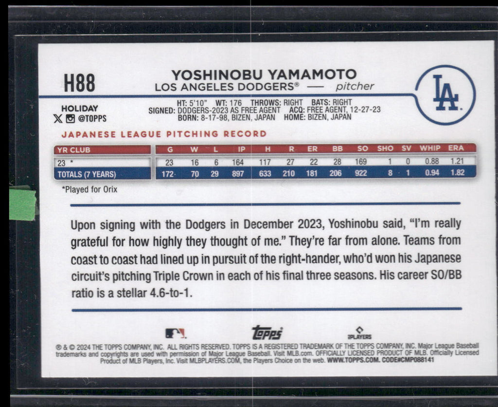 2024 Topps Holiday #H88 Yoshinobu Yamamoto