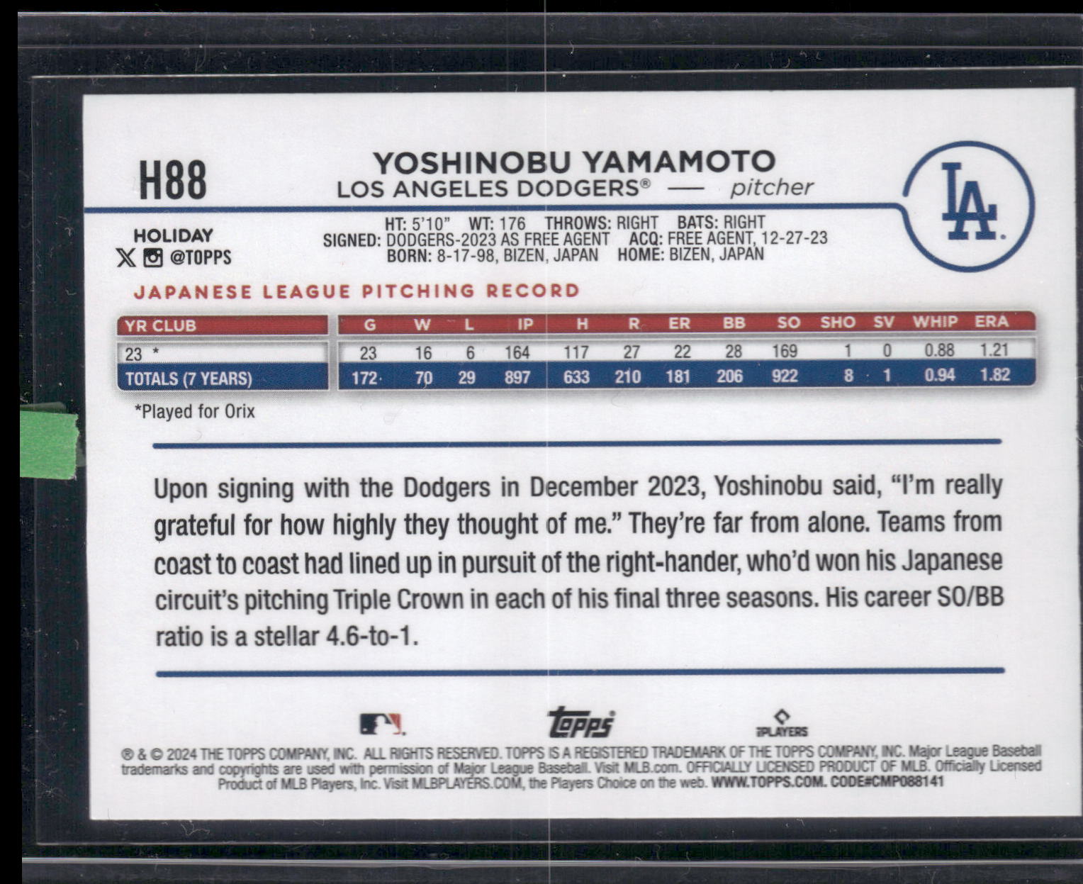 2024 Topps Holiday #H88 Yoshinobu Yamamoto