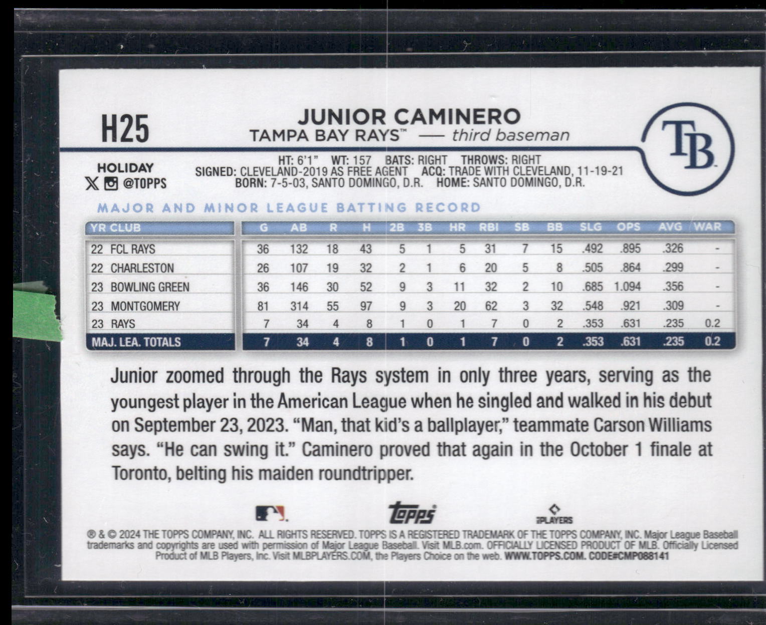 2024 Topps Holiday #H25 Junior Caminero