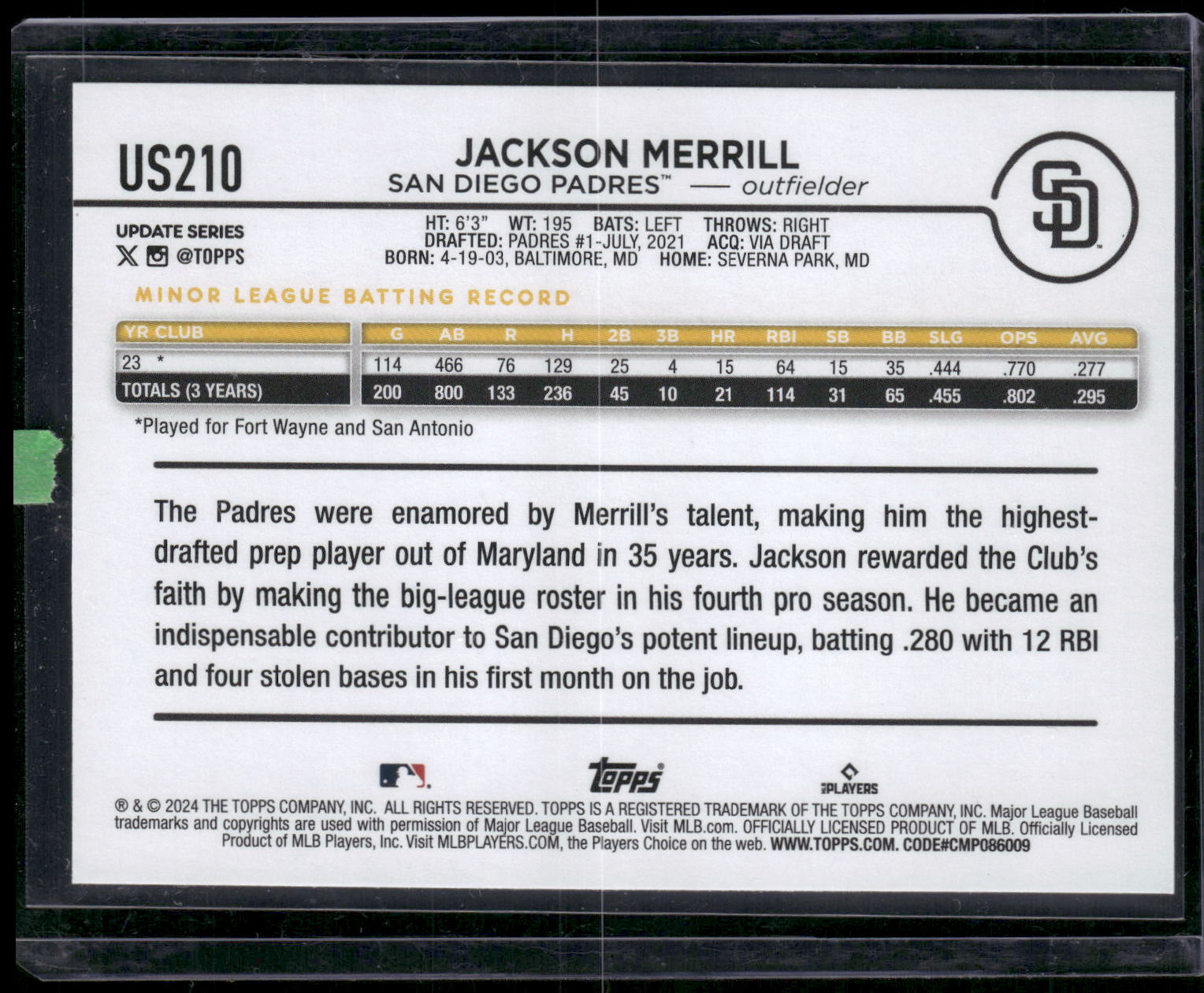 2024 Topps Update #US210 Jackson Merrill