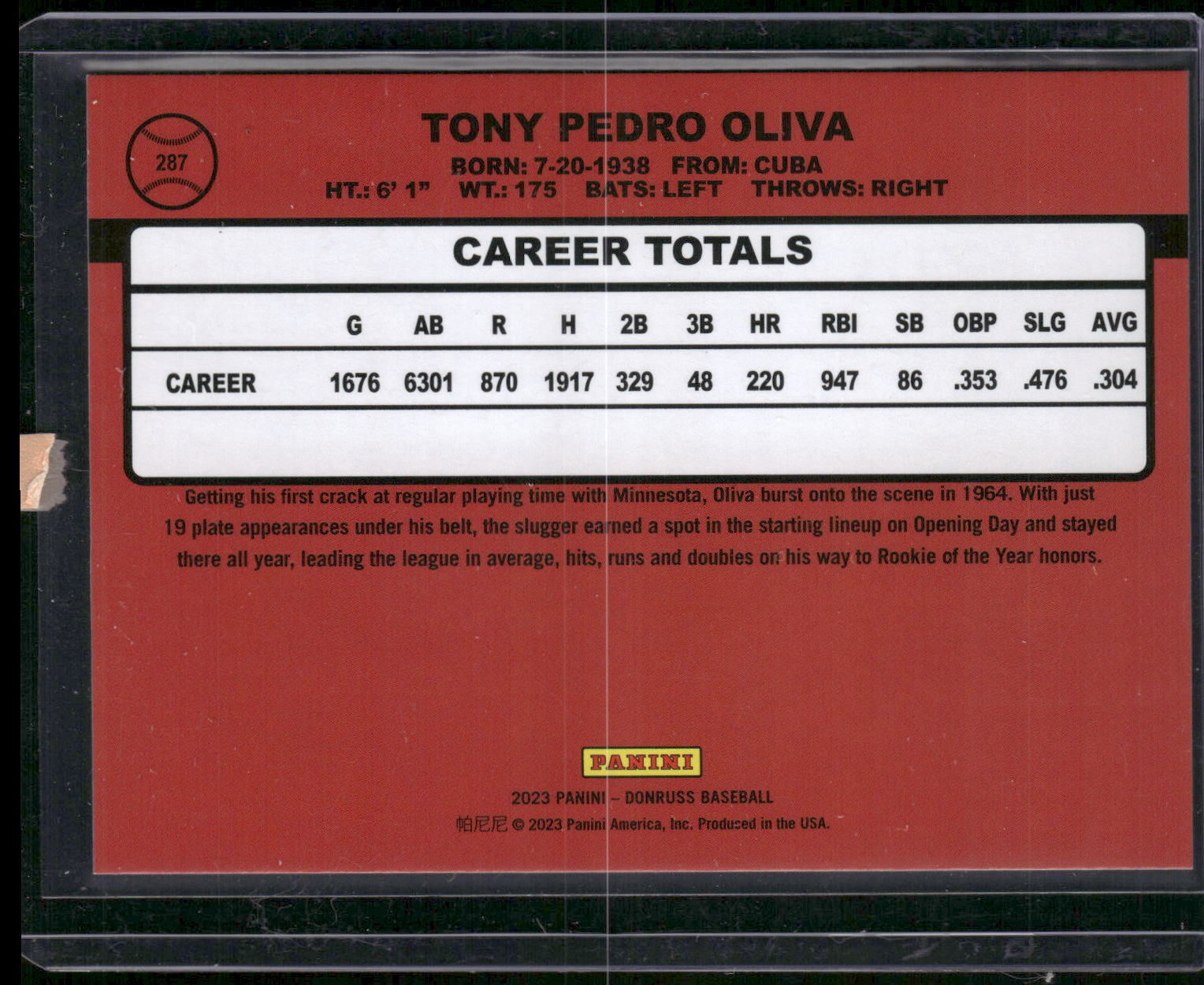 2023 Donruss #287 Tony Oliva Career Stat Line #/107