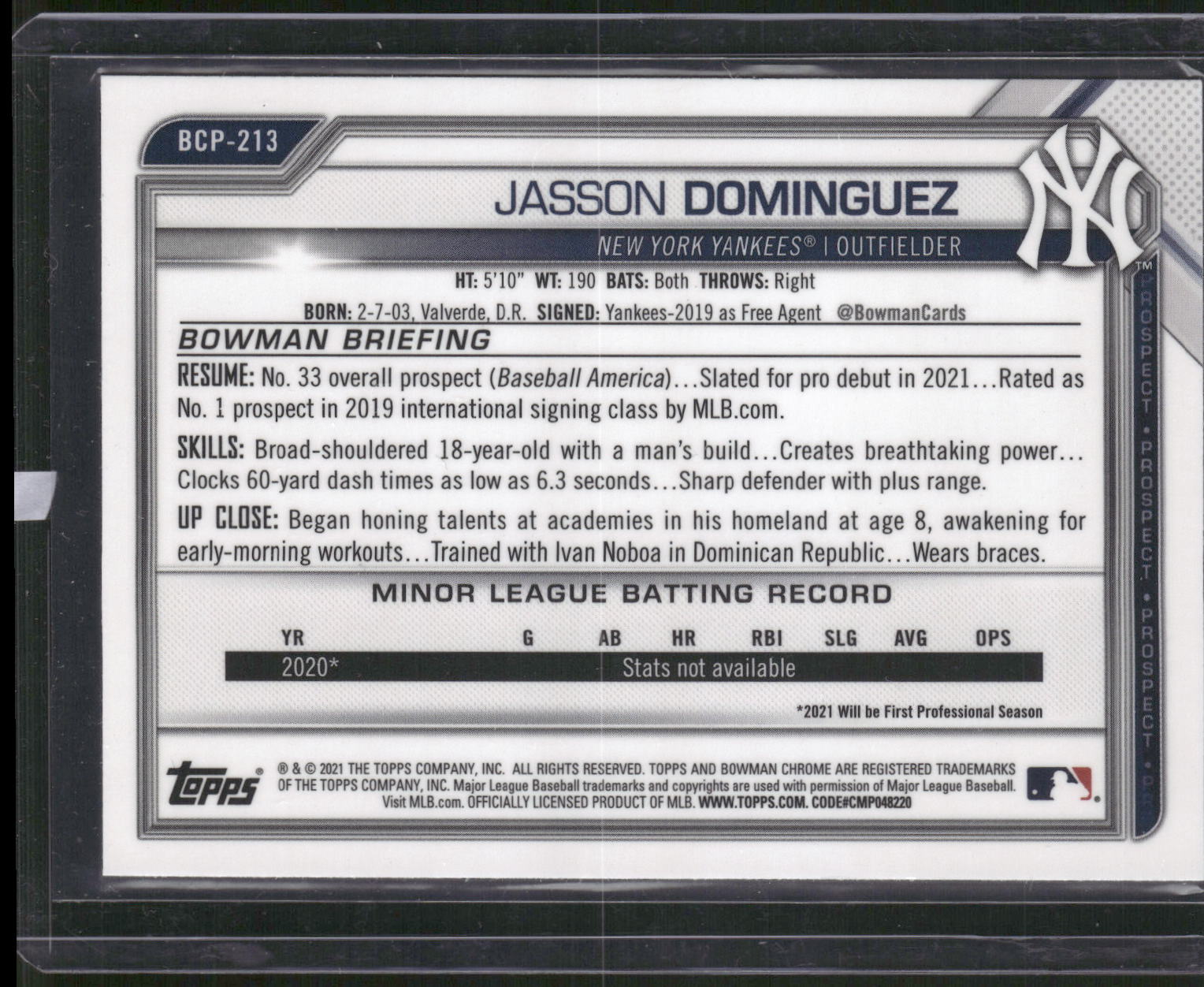 2021 Bowman Chrome #BCP-213 Jasson Dominguez Prospects Mojo Refractor