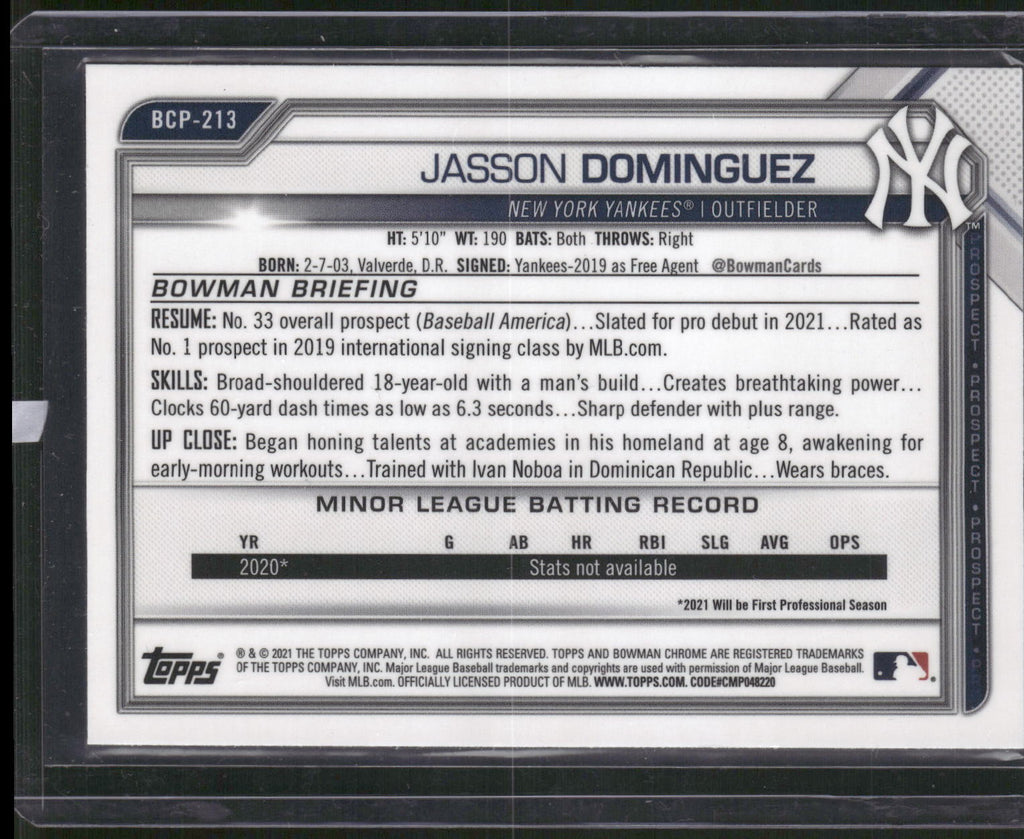 2021 Bowman Chrome #BCP-213 Jasson Dominguez Prospects Mojo Refractor