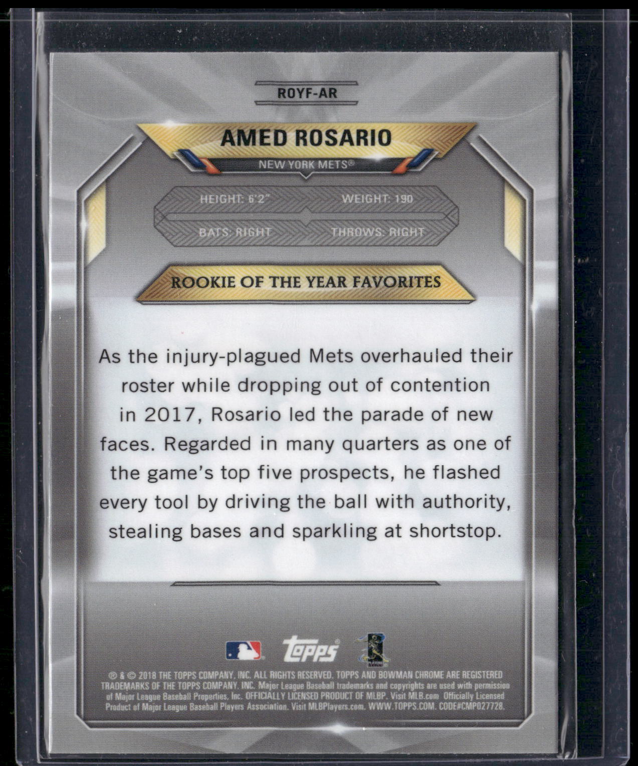 2018 Bowman #ROYF-AR Amed Rosario Chrome Rookie of the Year Favs Mojo Refractor