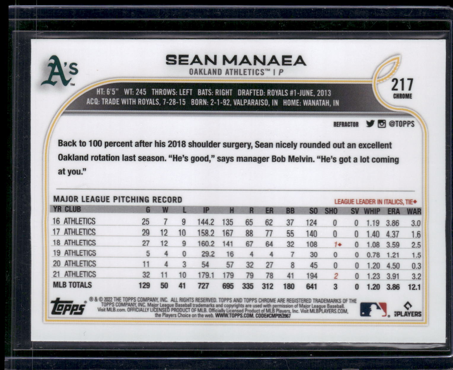 2022 Topps Chrome #217 Sean Manaea Refractor