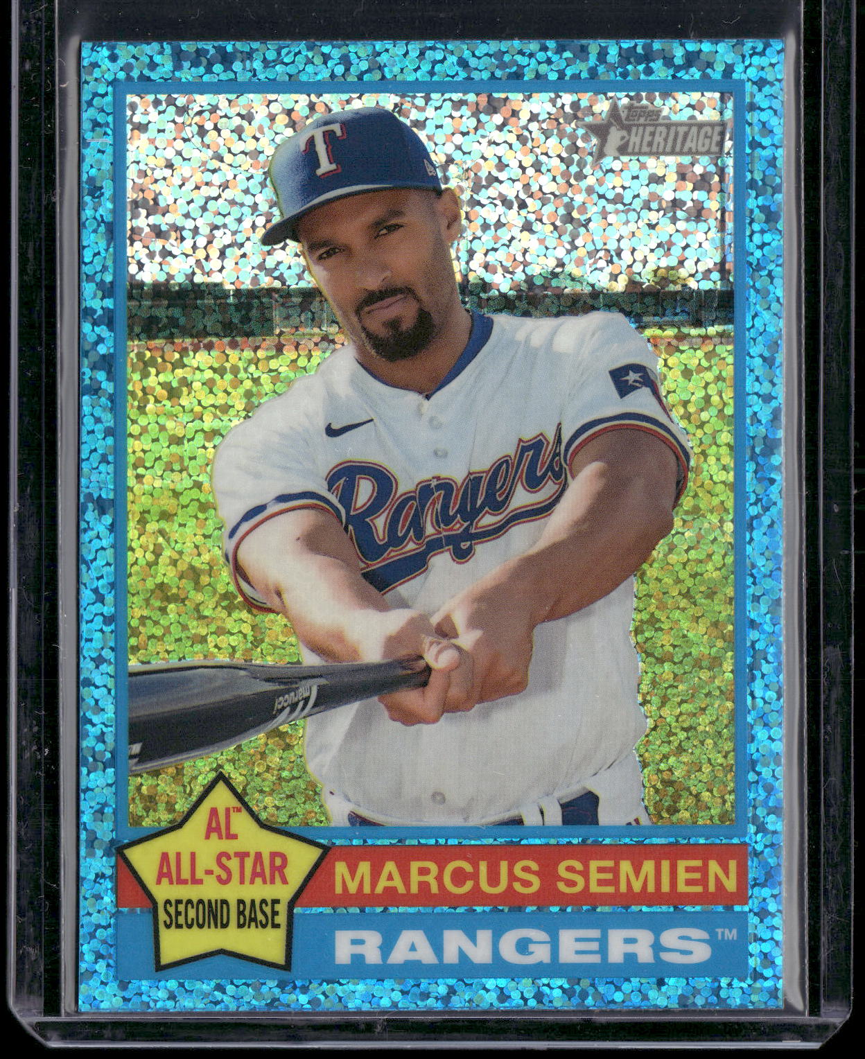 2025 Topps Heritage #400 Marcus Semien Chrome Light Blue Sparkle Refractor