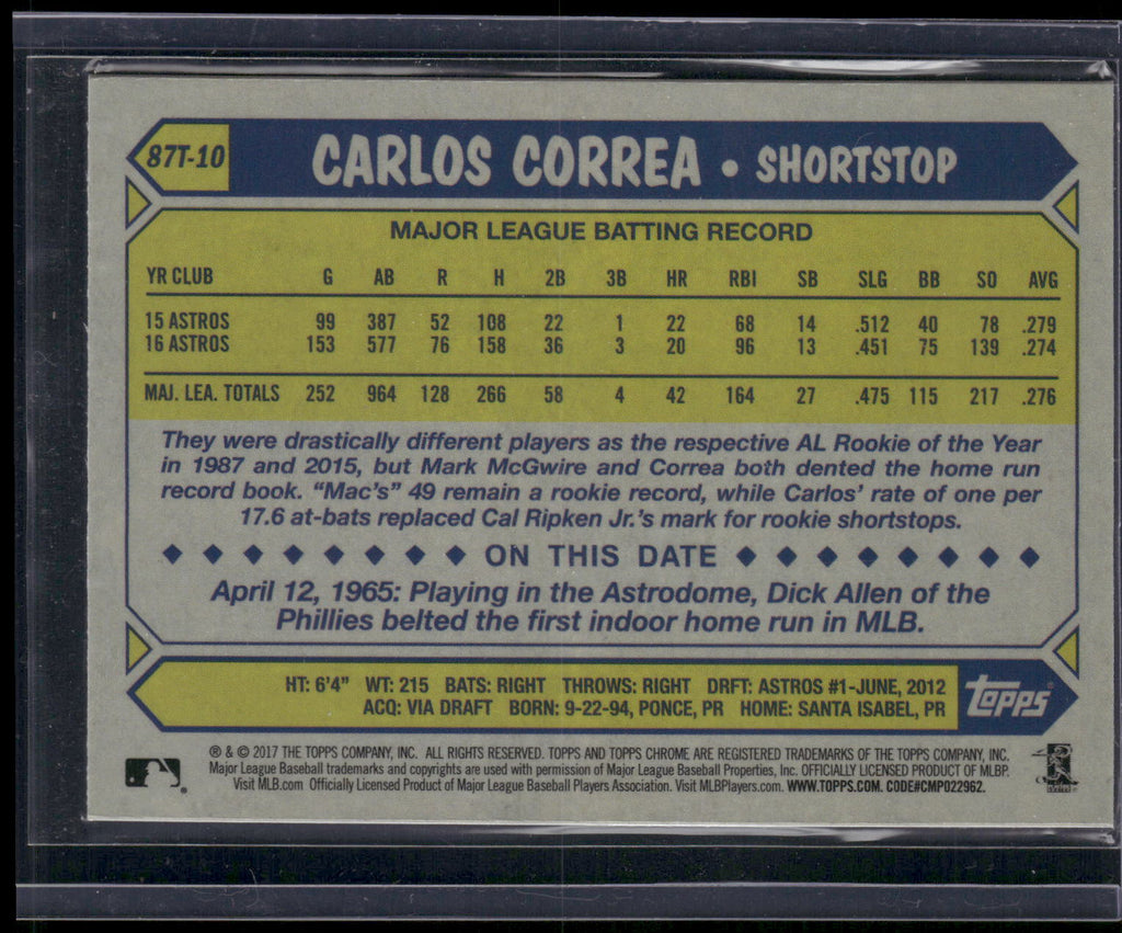 2017 Topps Chrome #87T-10 Carlos Correa 1987 Topps Baseball 30th Anniversary