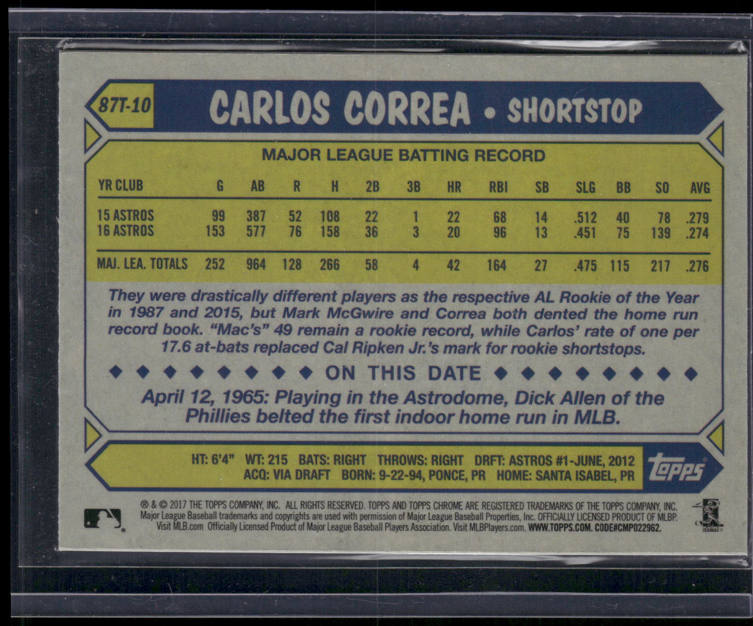 2017 Topps Chrome #87T-10 Carlos Correa 1987 Topps Baseball 30th Anniversary