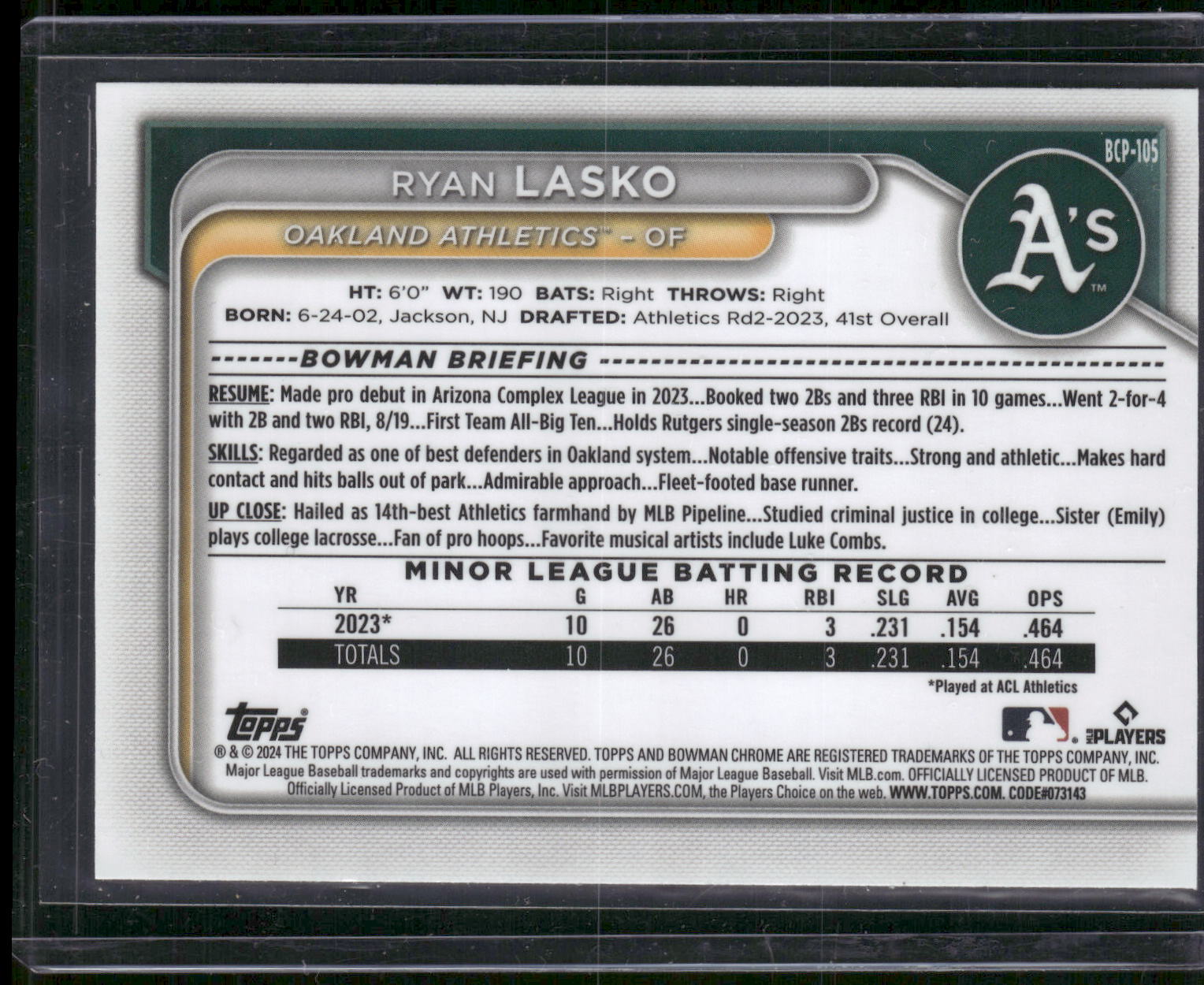 2024 Bowman #BCP-105 Ryan Lasko Chrome Prospects Green Grass Refractors #/99