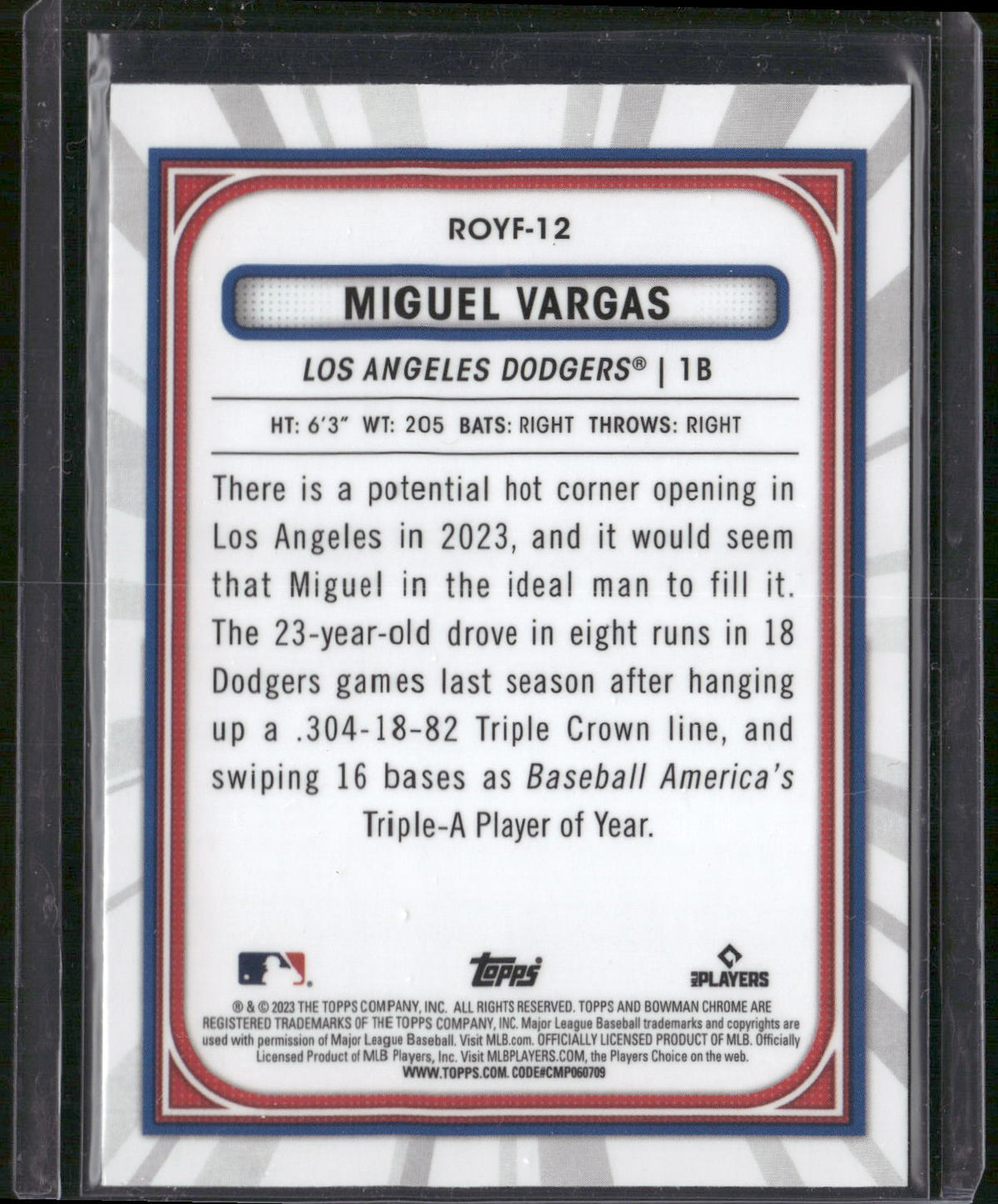 2023 Bowman #ROYF-12 Miguel Vargas Rookie of the Year Favorites